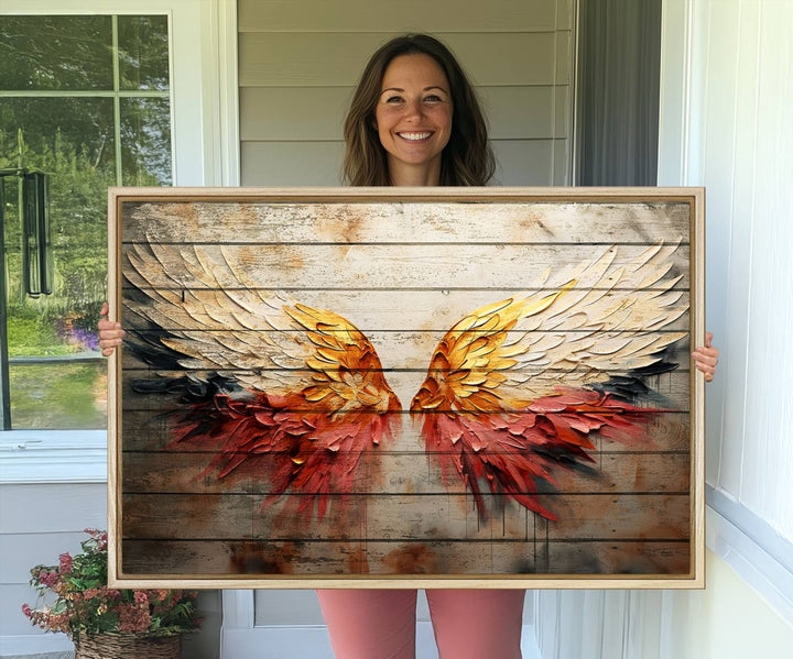 Abstract Angel Wings Canvas Art on a wooden backdrop.