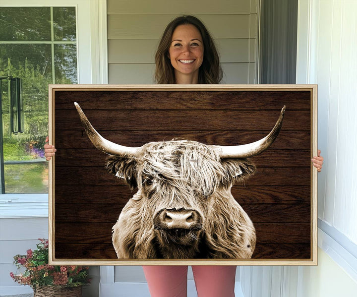 Highland Cow Wall Art Canvas Print: Majestic Scottish bull on rustic decor, ready to hang.