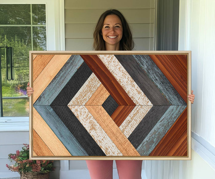 A Geometric Wood Art Wall Decor with a rustic pattern hangs prominently.