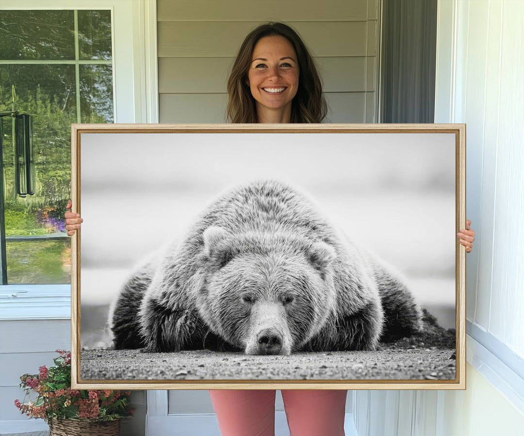 Resting Grizzly Bear wall art displayed in a modern room.