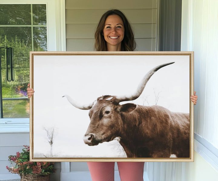 The Rustic Bull Wall Art Canvas decor hangs prominently on the wall.