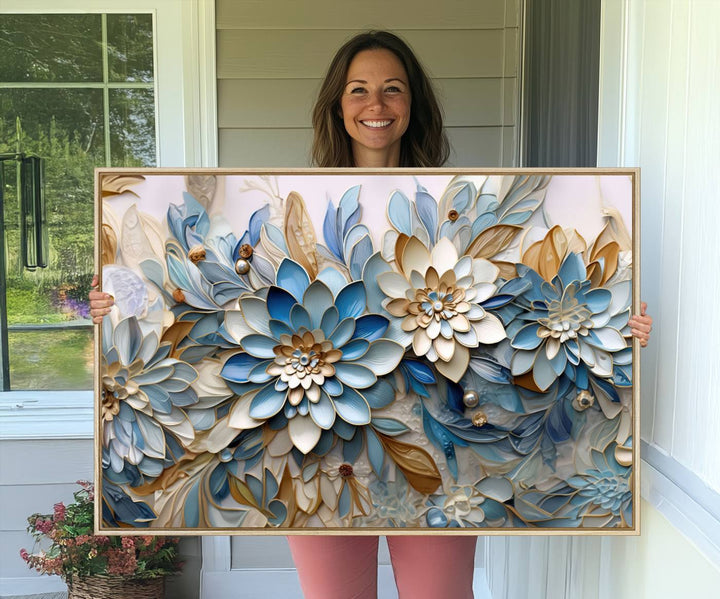 Blu Abstract Flower Canvas with blue, white, and gold petals—perfect home decor.