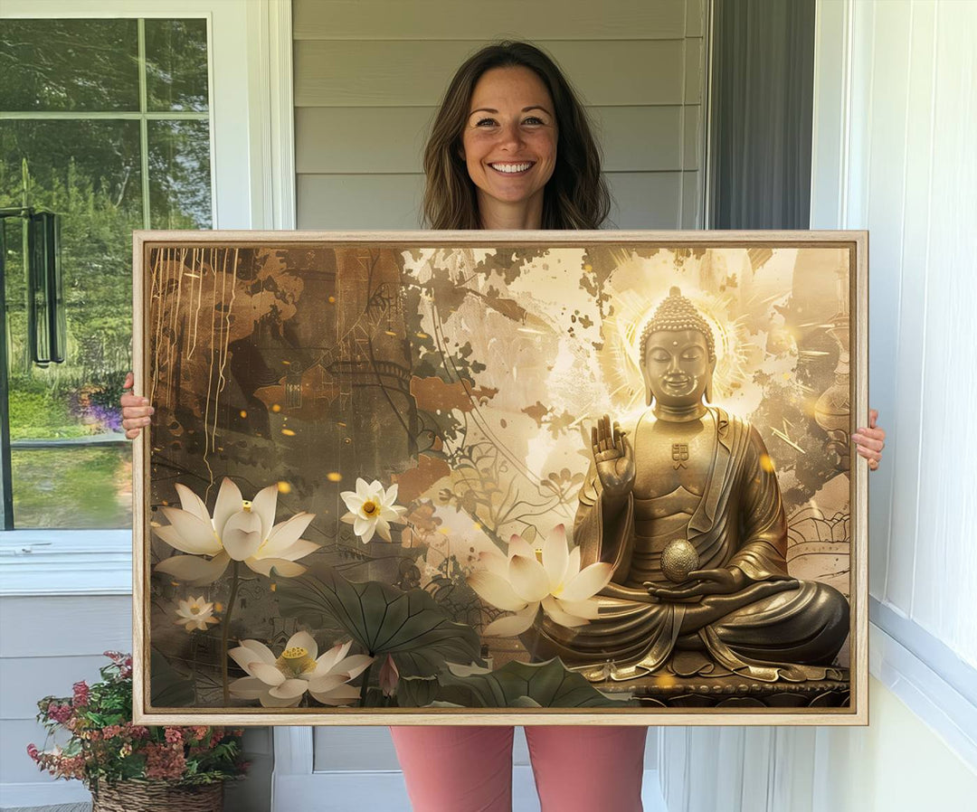 The living room features the Zen Buddha Wall Art Canvas Print with lotus flowers.