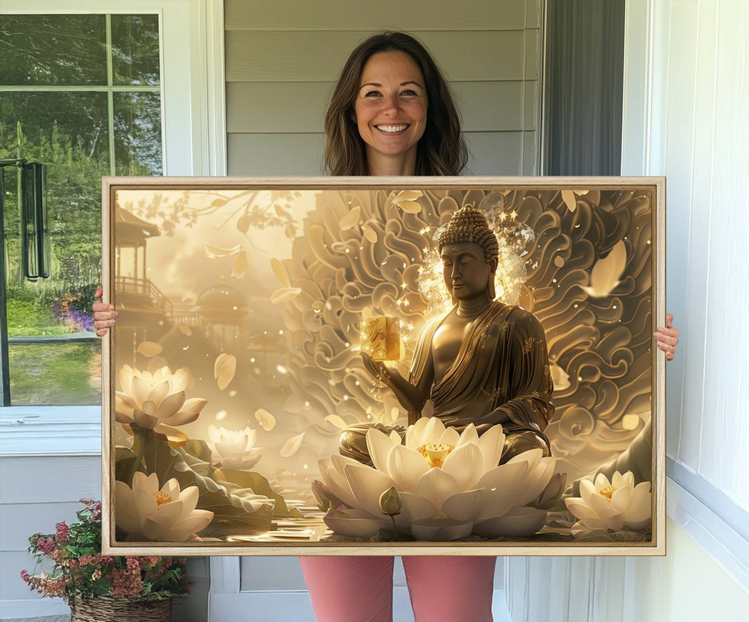 A framed Golden Buddha Wall Art with lotus flowers, ideal for meditation rooms, is beautifully displayed.