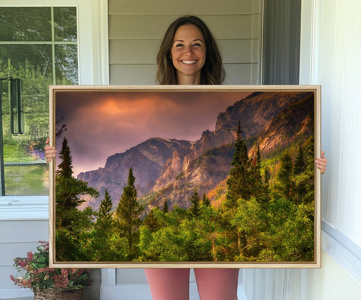 The Colorado Rockies Mountains wall art canvas print at sunset is displayed prominently.