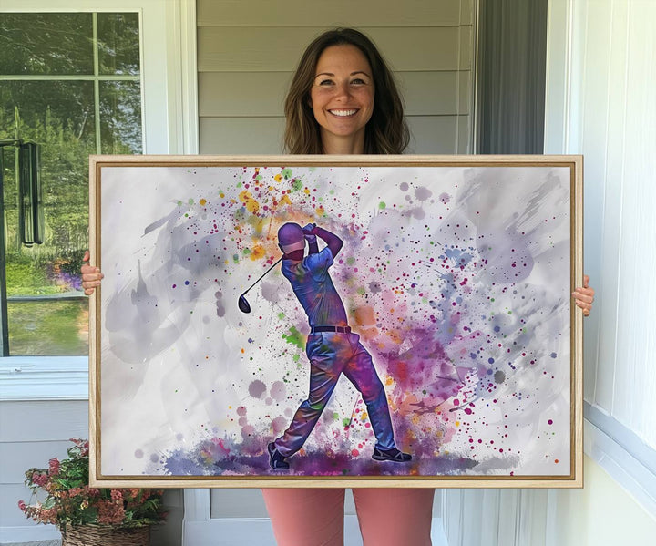 Vibrant abstract silhouette of a golf swing on white with multicolored splatters. Perfect for enthusiasts!.