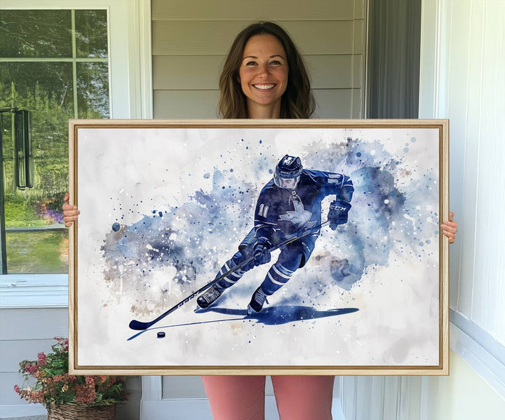 Vibrant Hockey Player Wall Art Display: Blue watercolor print.