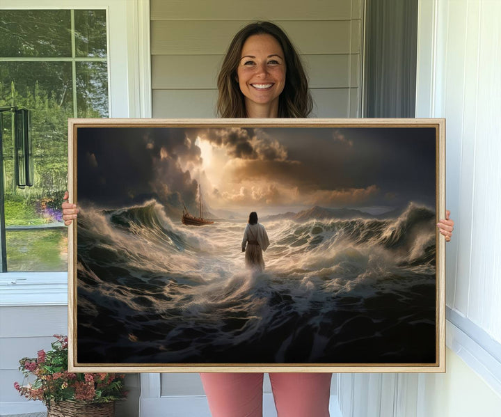 The wall art canvas print depicts a person in white striding on stormy ocean waves towards a sailboat under dramatic skies.