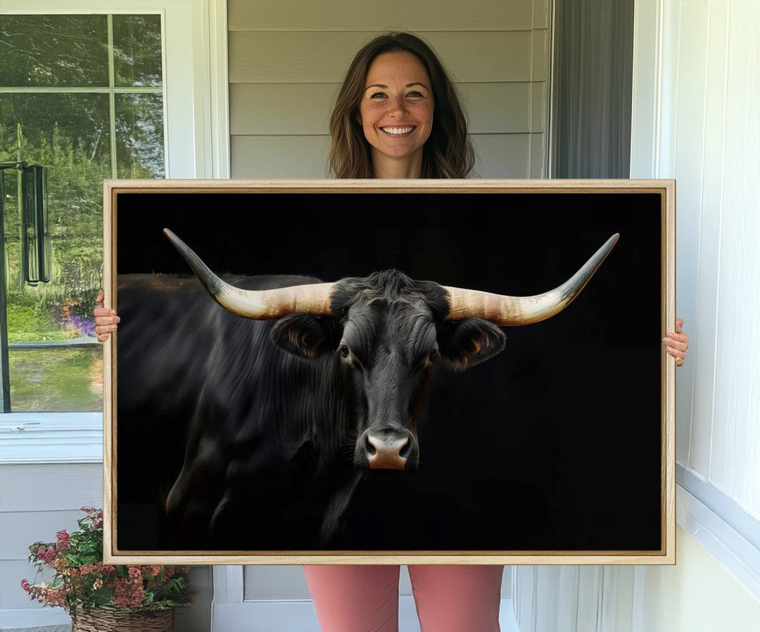 Texas Longhorn Cow | Majestic Black Bull Wall Art Canvas Print - Farmhouse Animal Decor - Ready to Hang