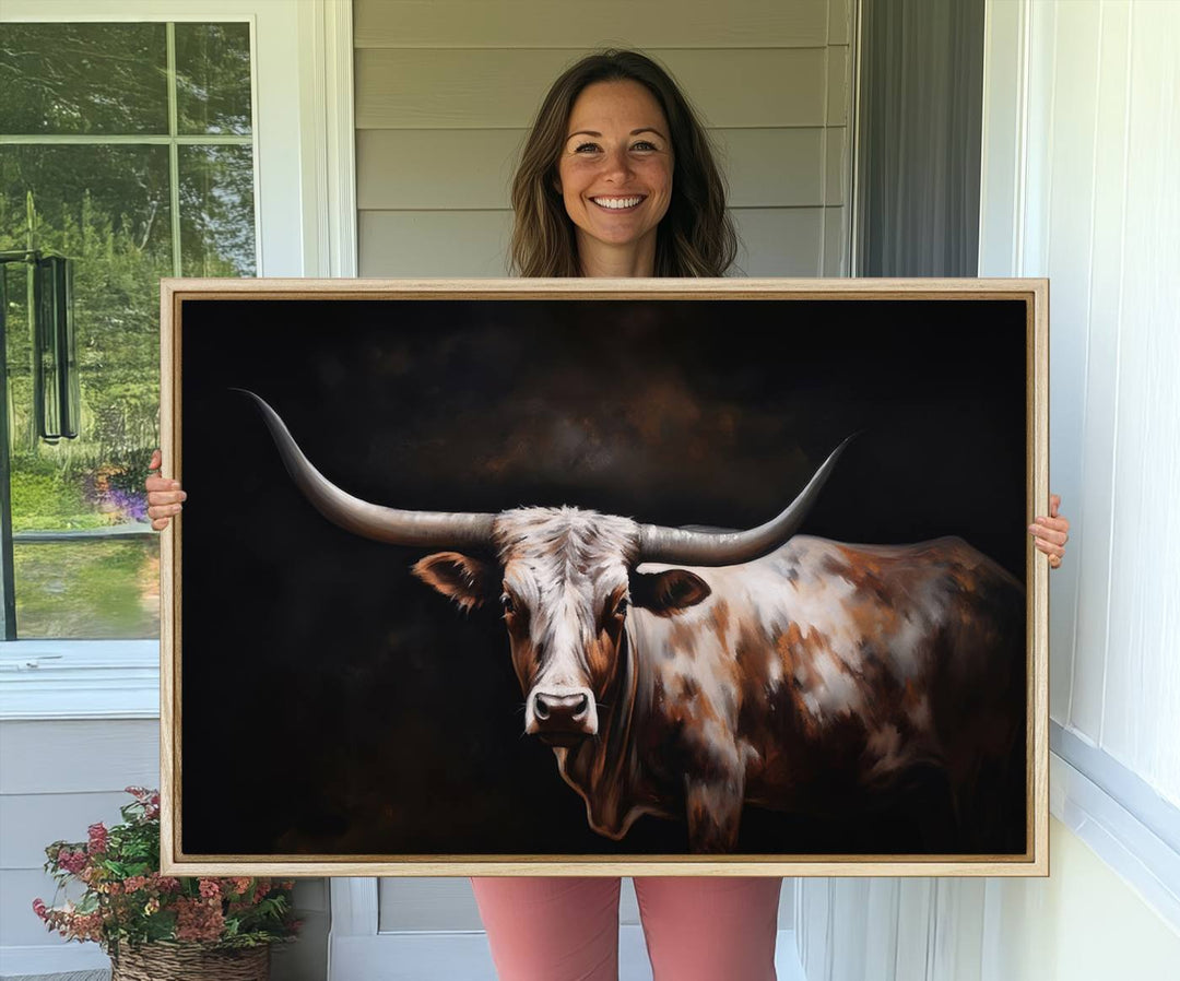 A modern kitchen featuring a Texas Longhorn Wall Art Canvas Print.