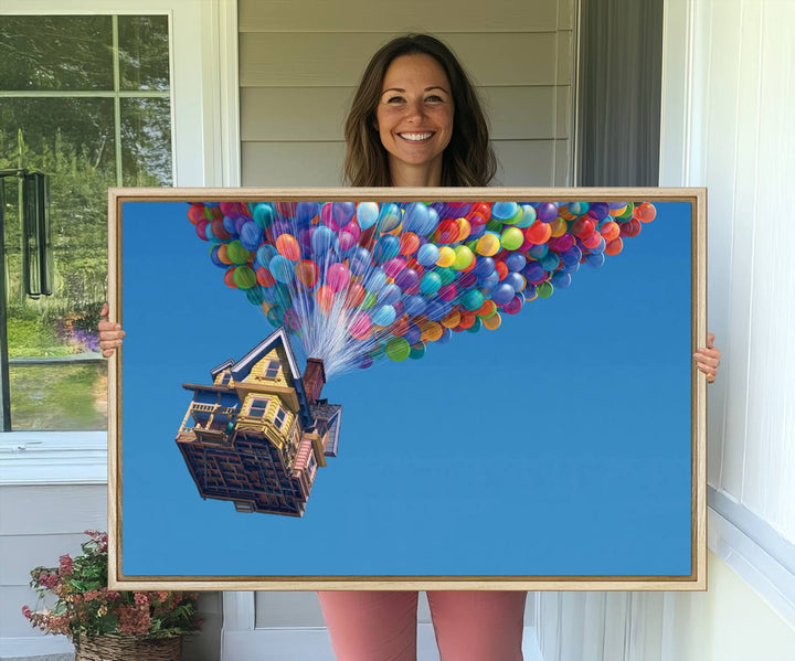 The Up house floats skyward, making it an ideal Carl Fredricksen wall art for kids rooms.