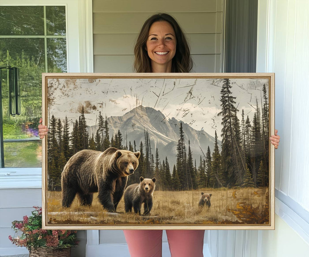 Rustic Grizzly 399: Bear Family Wall Art Canvas Print.