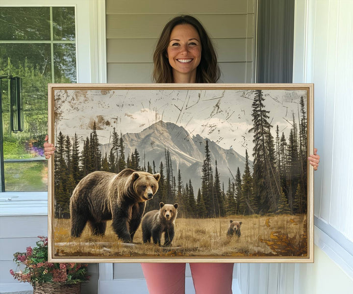 Rustic Grizzly 399: Bear Family Wall Art Canvas Print.