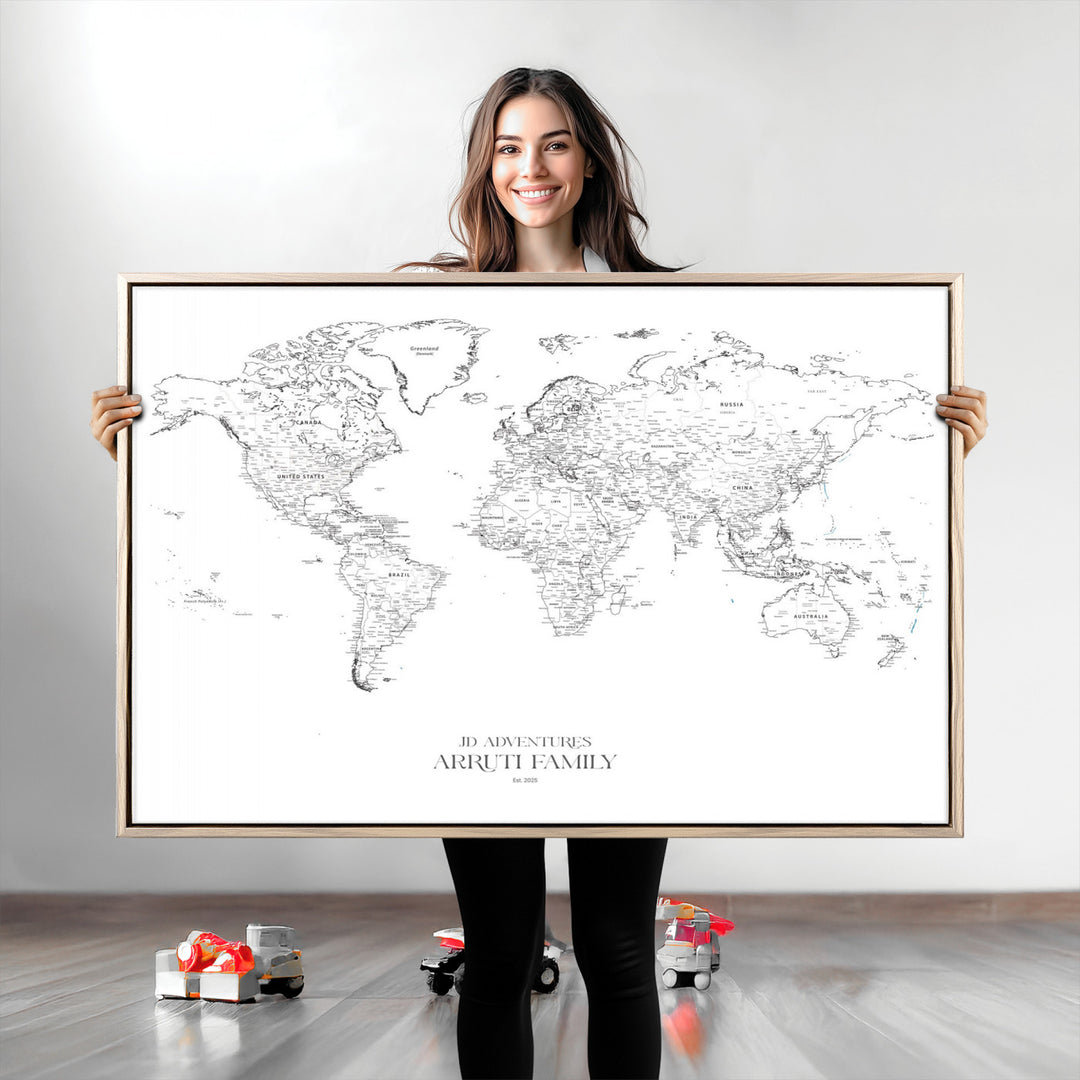 Personalized World Map Wall Art Canvas Print - Custom Push Pin Travel Map Canvas - Framed Map Print for Travel Lover Gift