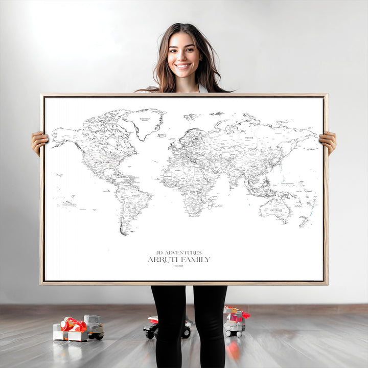 Personalized World Map Wall Art Canvas Print - Custom Push Pin Travel Map Canvas - Framed Map Print for Travel Lover Gift
