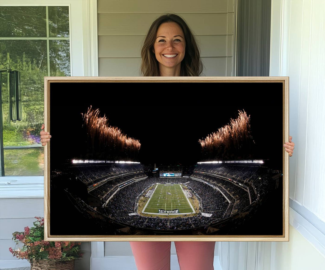 Eagles Stadium Wall Art depicting a nighttime game and fireworks at Lincoln Financial Field.