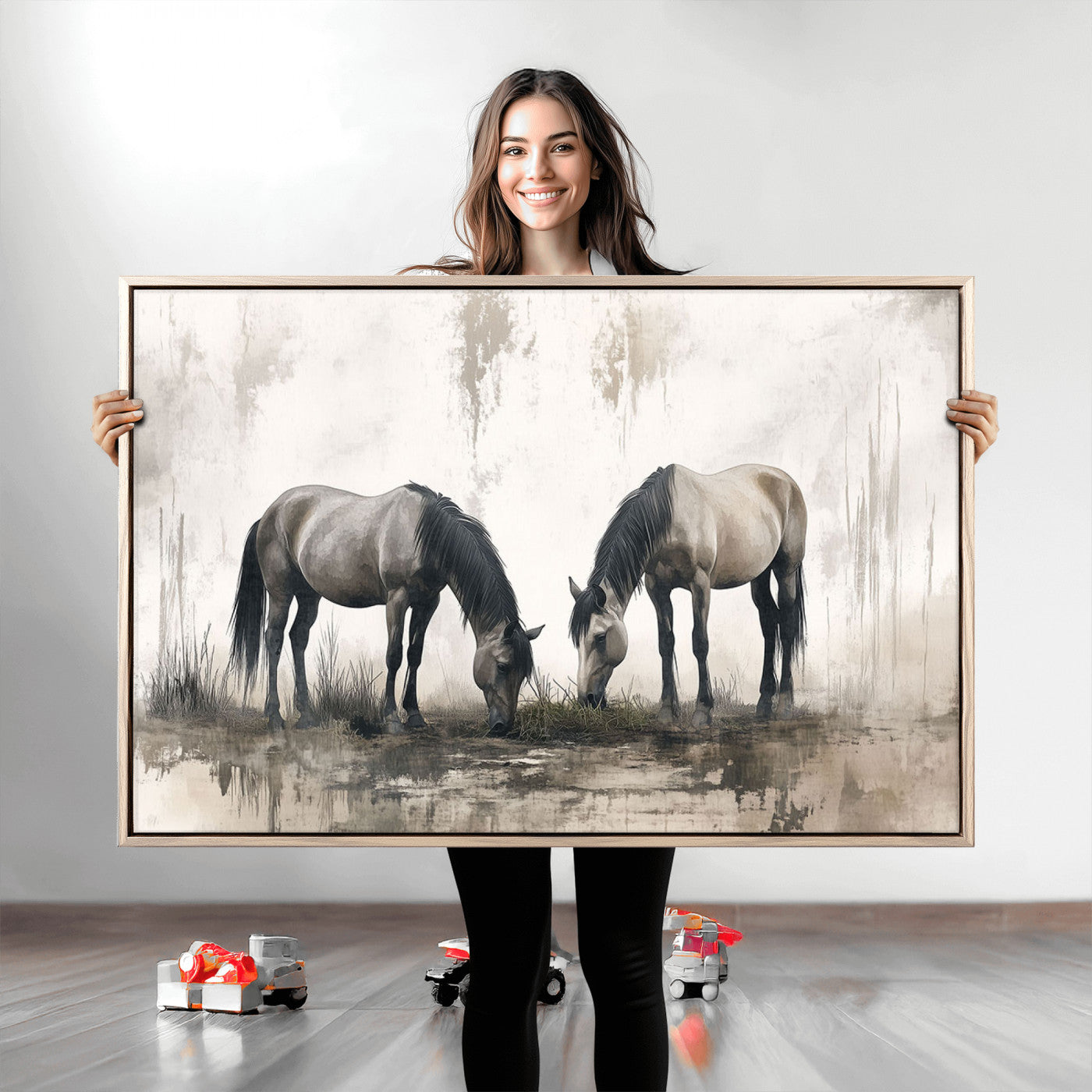 35494-MGV-CV-36X24-Chines Ink Style Vintage Horses Wall Art Canvas Print for Farmhouse Wall Decor