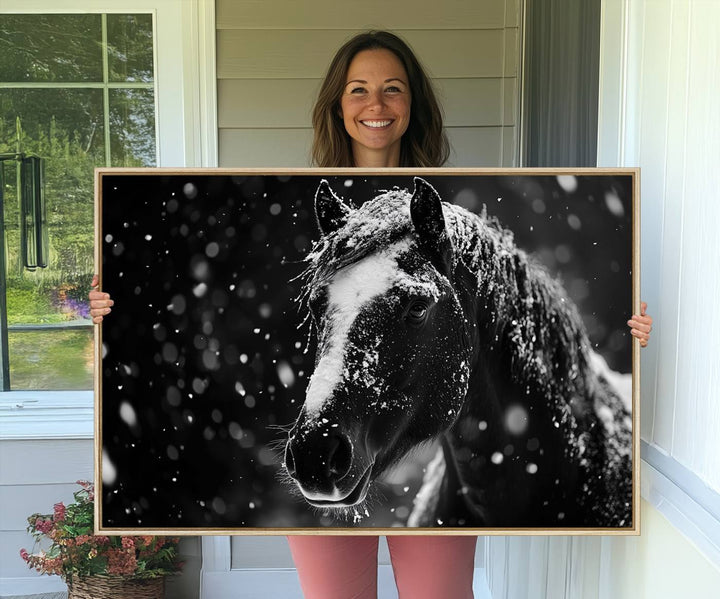 The Winter Horse Wall Art showcases a gentle horse print with snowflakes, ideal for rustic farmhouse or cabin decor.