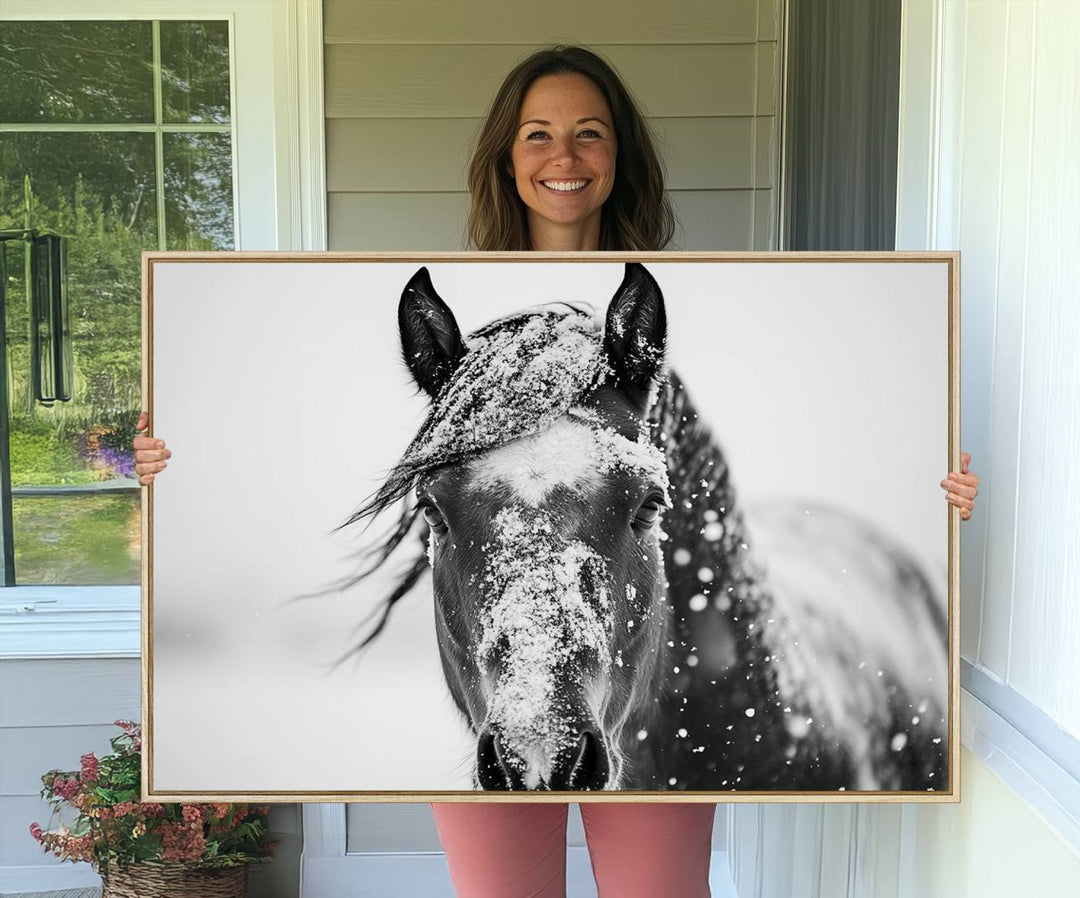 This black and white winter horse wall art enhances any decor; it is ready to hang and framed for a farmhouse or Western style.