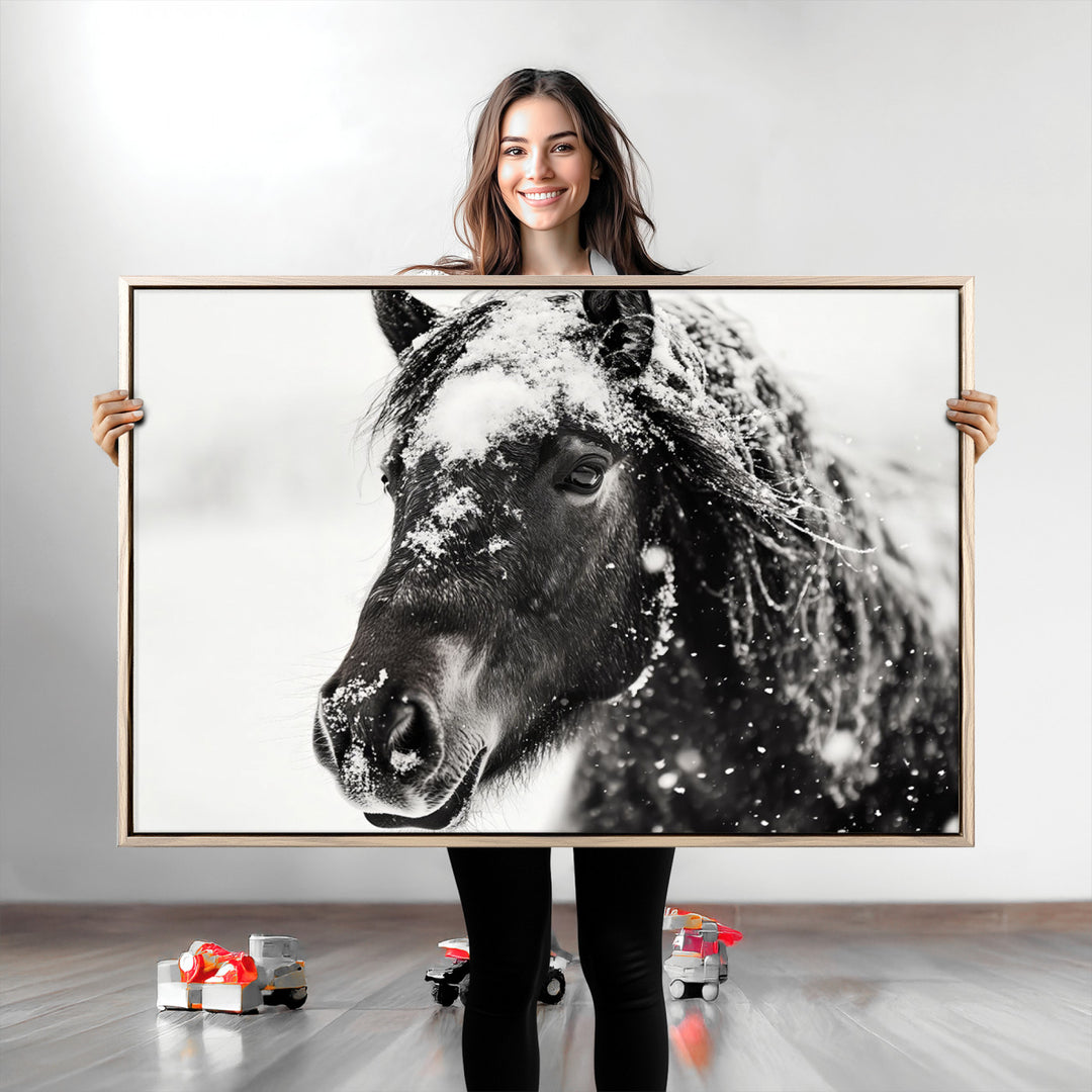 The wall art is a Black and White Horse piece, framed and ready to hang.