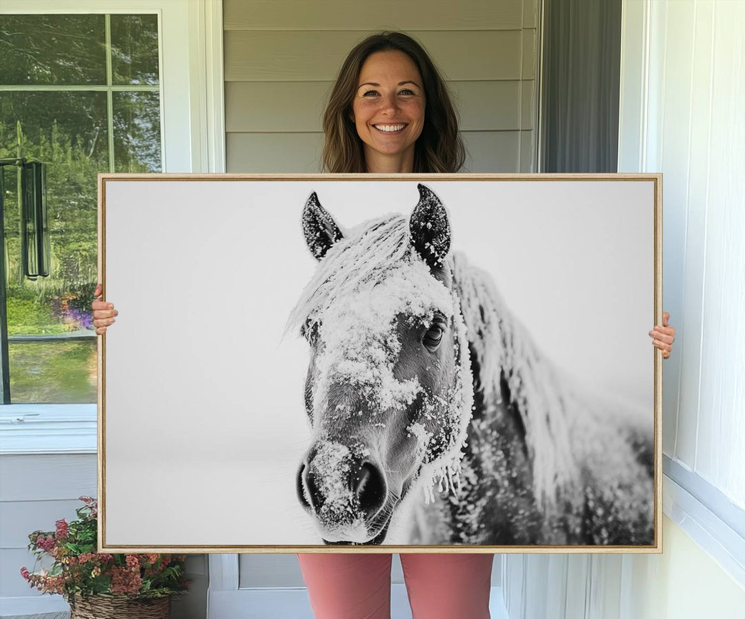 White Horse Wall Art: A black and white photo of a snow-covered horse, framed and ready to hang for farmhouse decor.