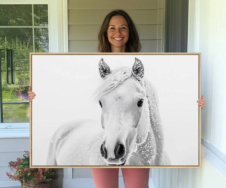 The dining room features the Majestic White Horse Wall Art, adding to its rustic charm.