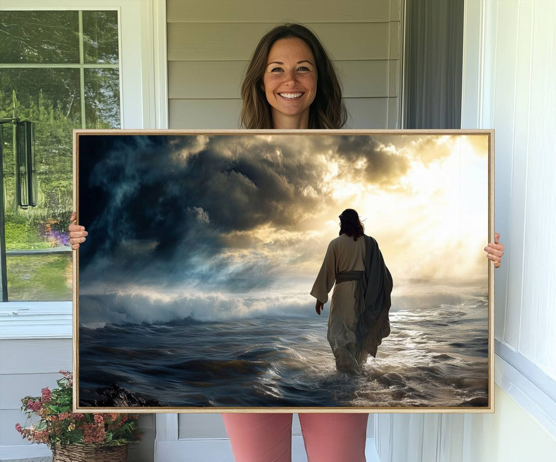 A dramatic sky serves as the backdrop for the Jesus Walking on Water wall art, a perfect piece for Christian home decor.