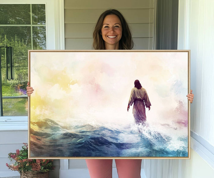 A robed figure strides on water in gentle waves, evoking the Watercolor Jesus Walking on Water canvas art.