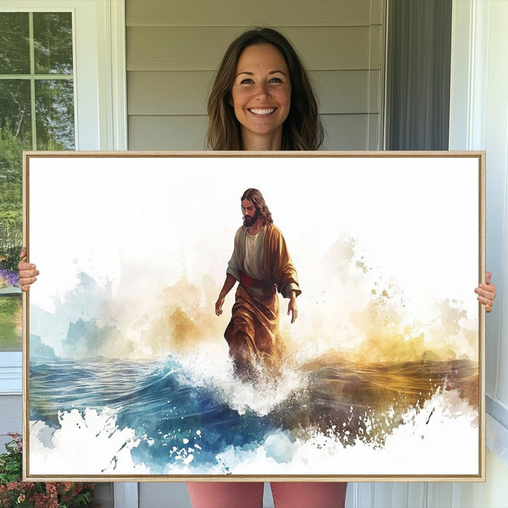 This watercolor canvas print depicts Jesus walking, characterized by abstract splashes against a serene background. It serves as a beautiful piece of Christian wall art.