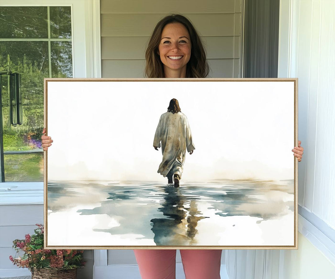 A Watercolor Jesus Walking on Water Christian wall art.