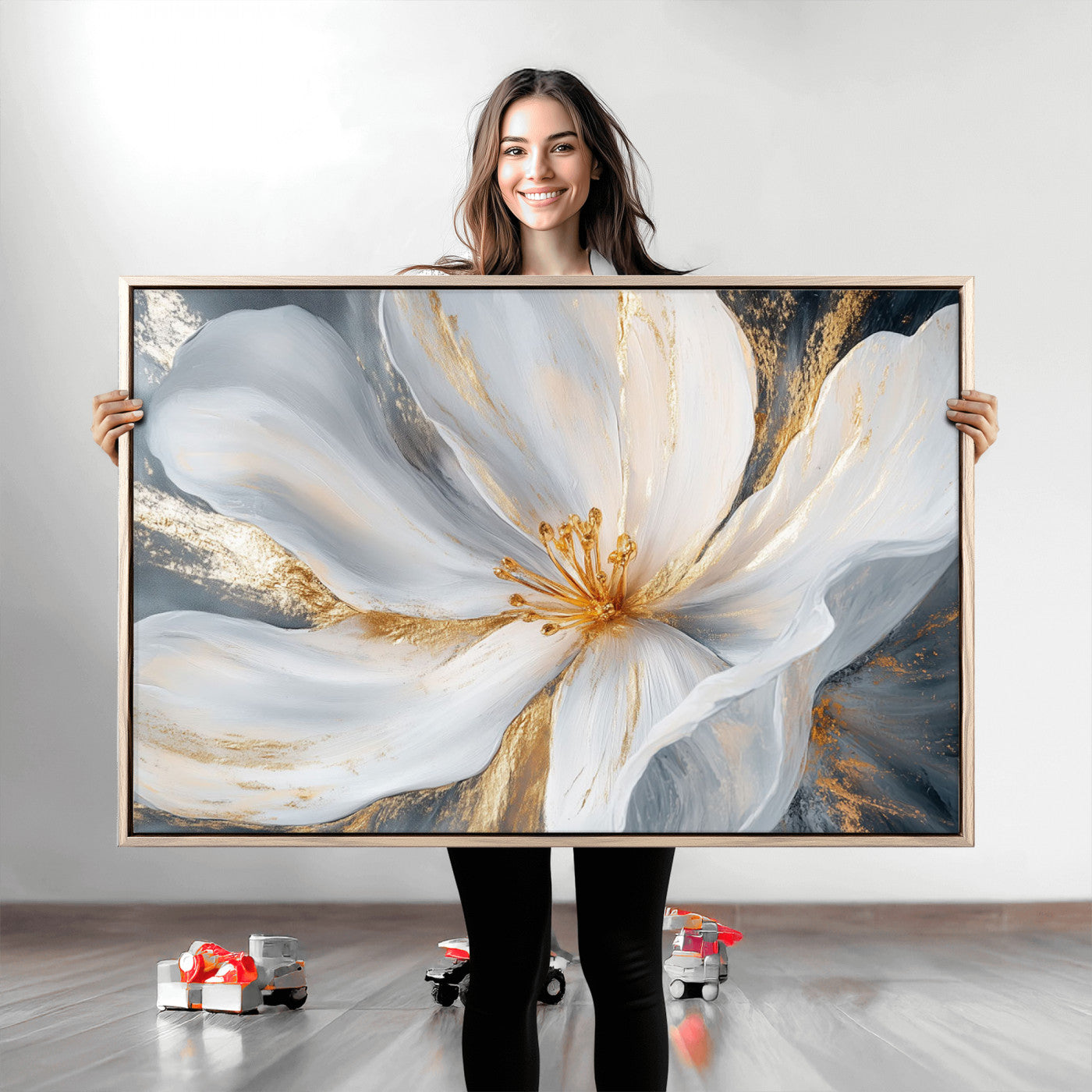83149-MGV-CV-36X24-White and Gold Floral Canvas Wall Art - Framed and Ready to Hang - Perfect for Modern Living Rooms