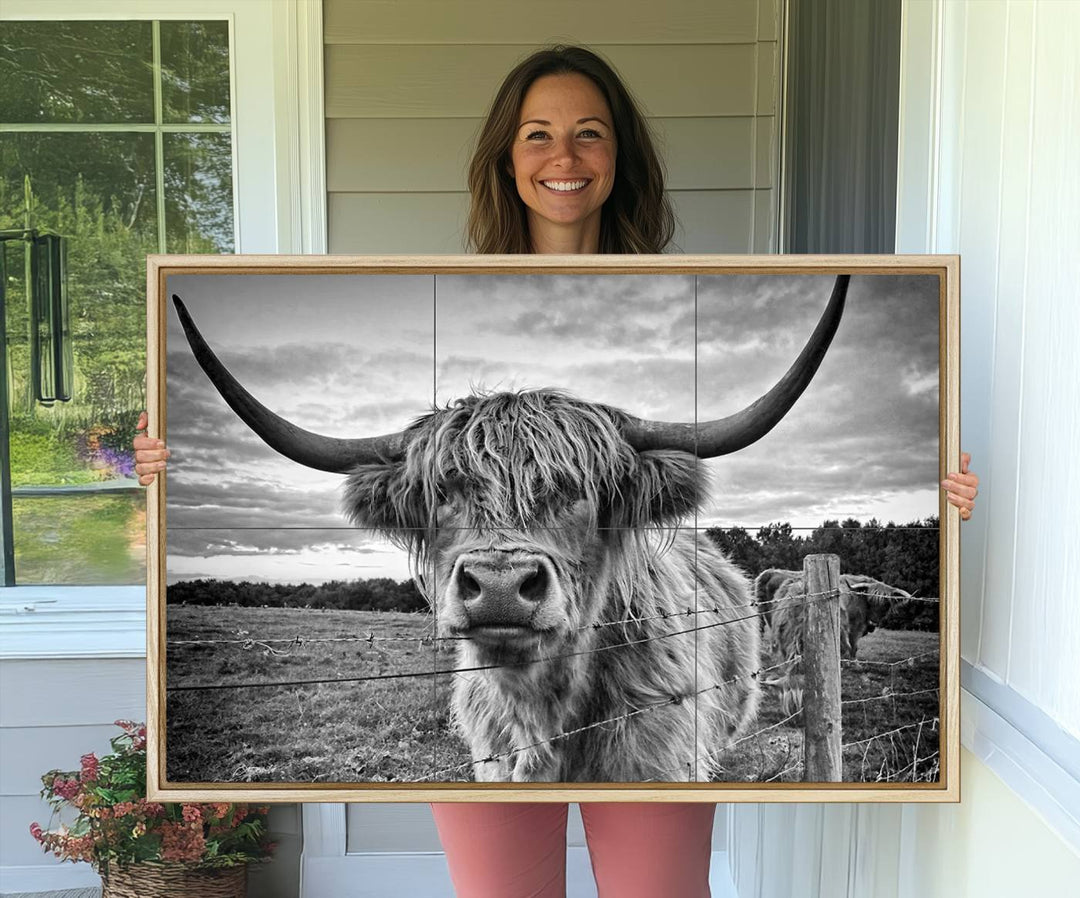 The Scottish Highland Cow Wall Art Canvas Print is ready to hang and framed, adding rustic farmhouse decor to your wall.