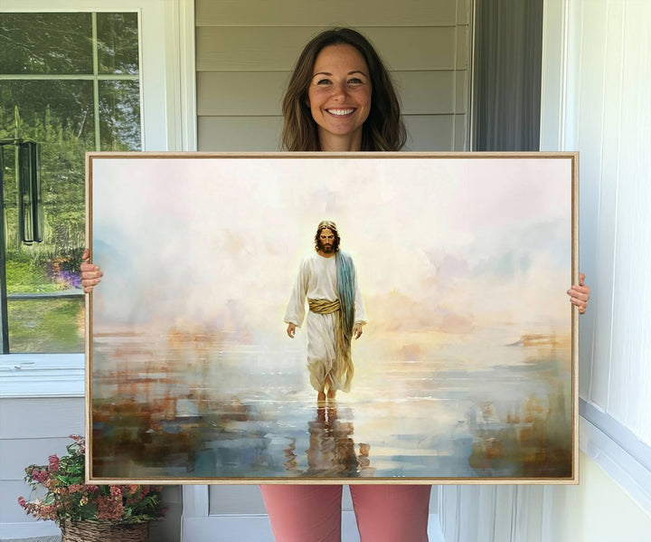 The 3-panel Framed Jesus Walking on Water Wall Art showcases a serene religious scene.