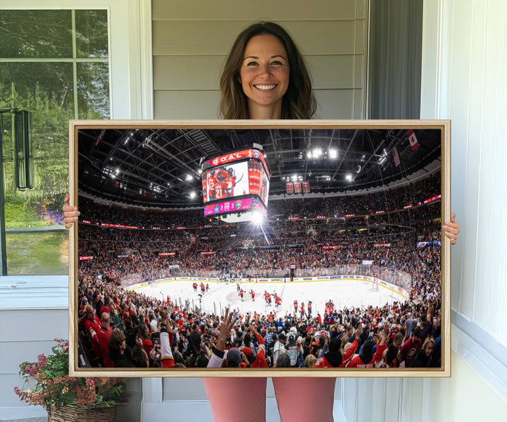 The wall art, a high-quality basketball arena canvas, evokes the excitement of fans cheering at the Amerant Bank Arena.