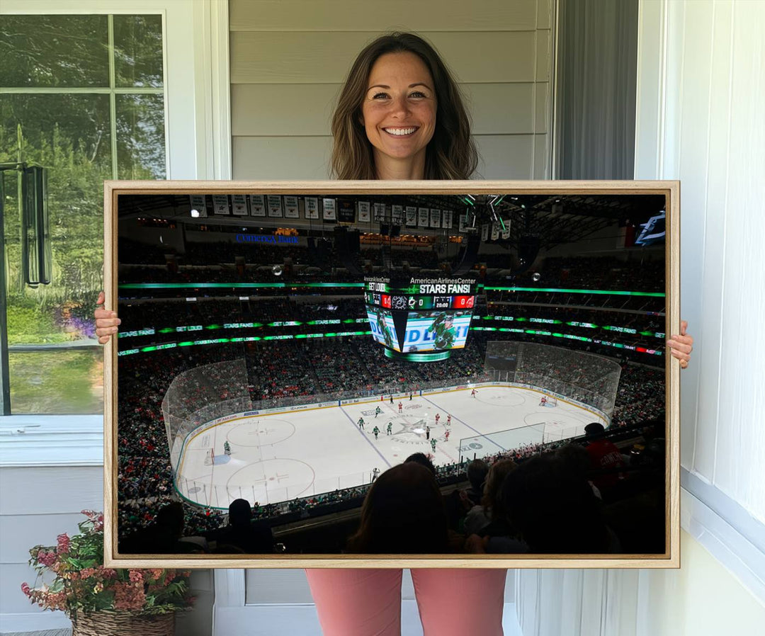 The Dallas Stars Wall Art Canvas Print is as clear as the scoreboard stats at a hockey game in a large arena with bright lights.