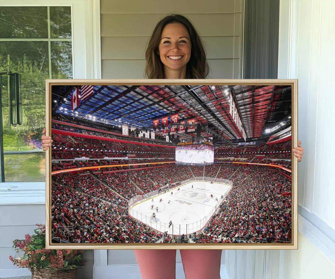 A Barton Malow canvas depicting Little Caesars Arena from above is beautifully printed in high resolution for your wall.