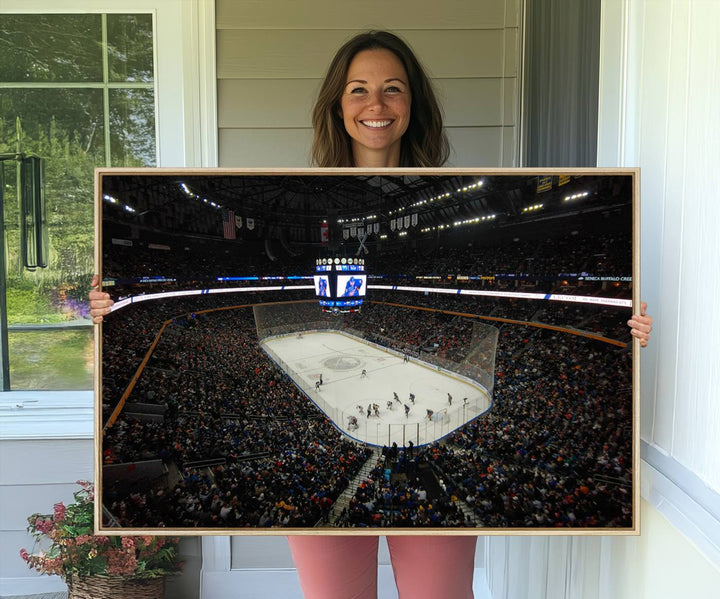 The wall art captures the essence of a Buffalo Sabres game on ice at KeyBank Center, making it deserving of a premium canvas print.