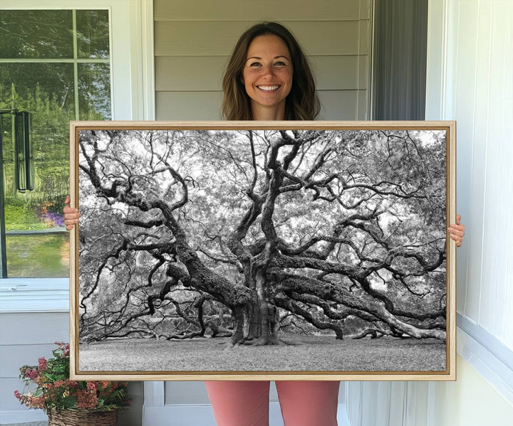 The Black White Angel Oak Tree wall art adds timeless, nature-inspired decor.