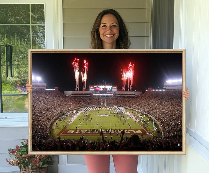 A vibrant wall art piece of the Florida State Seminoles sets a lively tone, depicting scenes filled with energy and celebration.