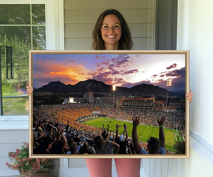 The Folsom Field Stadium Print beautifully captures the Colorado Buffaloes stadium at sunset, set against a stunning mountain backdrop.