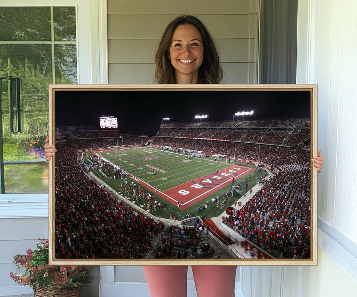 Aerial view of TDECU Stadium at night on the Houston Cougars Football Wall Art Canvas Print.