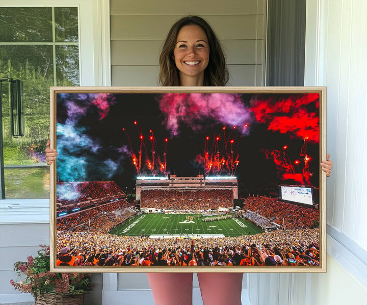 A Hokies football canvas print displays Lane Stadium at night with fireworks.