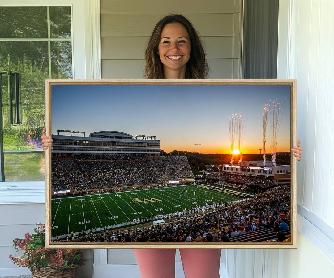 Canvas wall art print depicting the Demon Deacons football stadium at sunset with fireworks.