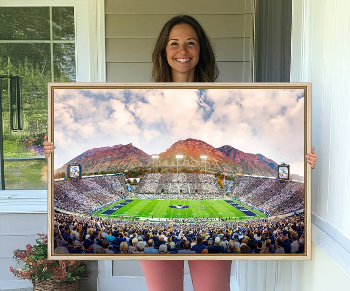 A museum-quality canvas featuring BYU Cougars Football at LaVell Edwards Stadium with a stunning mountain view.