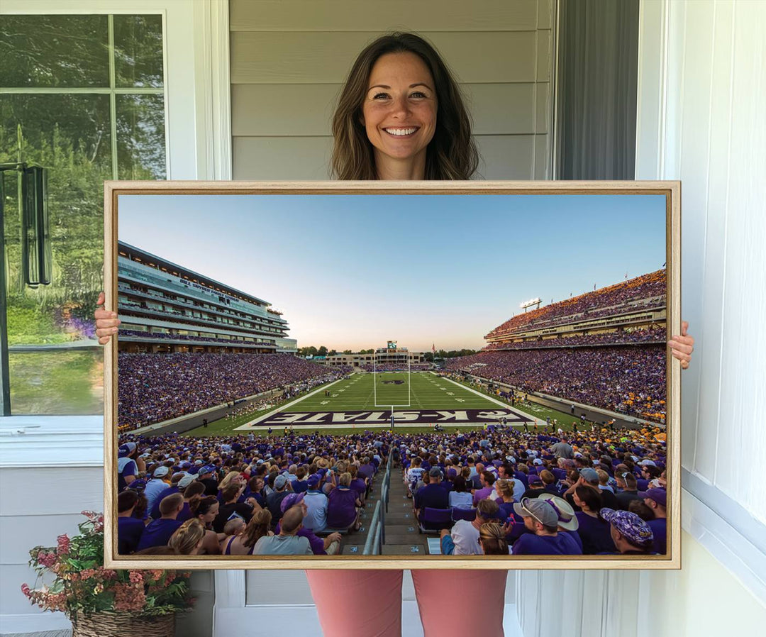 Sunset view of fans in purple at Bill Snyder Family Stadium, captured in a stunning gallery wall art canvas, perfect for a modern living room or office.