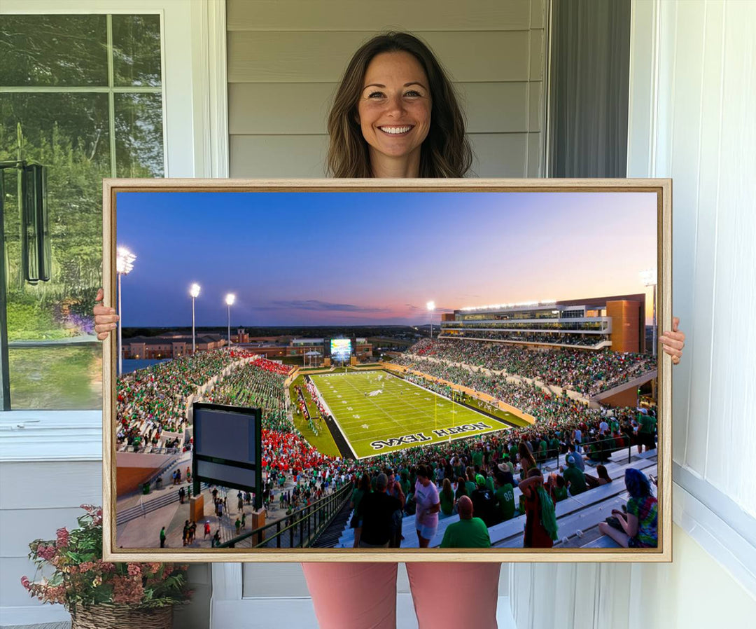 Aerial view of University of North Texas DATCU Stadium at sunset on canvas, showcasing a colorful sky.