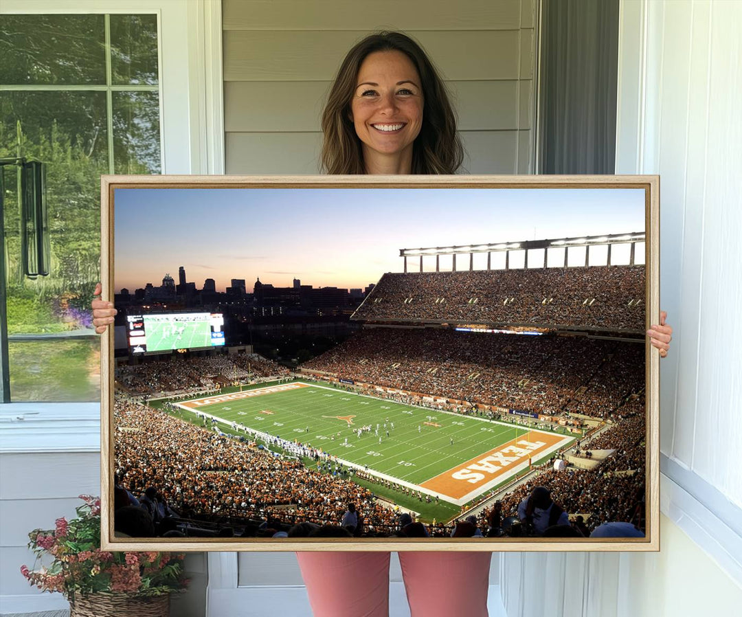 The Evening Game canvas art captures a glowing sunset and skyline at Texas Longhorns Darrell K Royal Stadium.