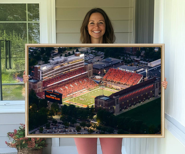 Aerial view of the University of Illinois Memorial Stadium on premium canvas, capturing buildings and greenery at dusk.