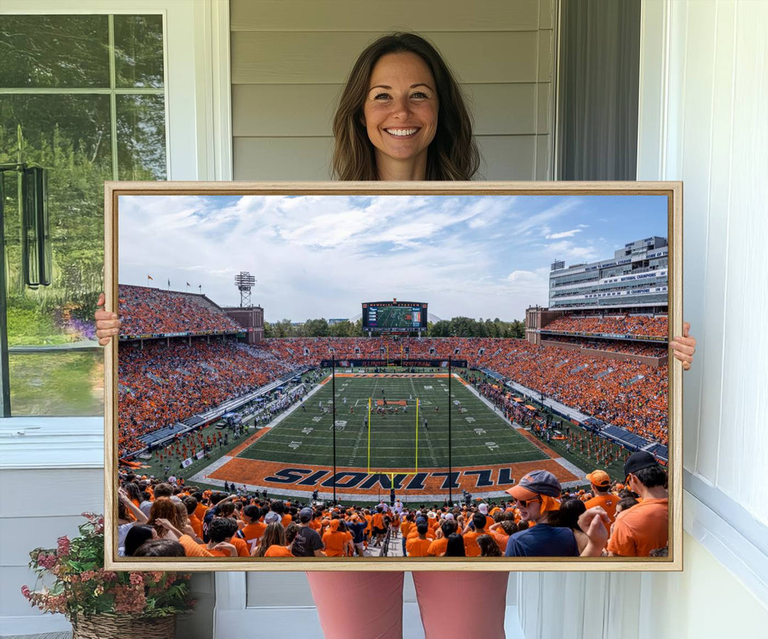 The Illinois stadium packed with orange-clad fans makes for a premium University of Illinois canvas wall art.