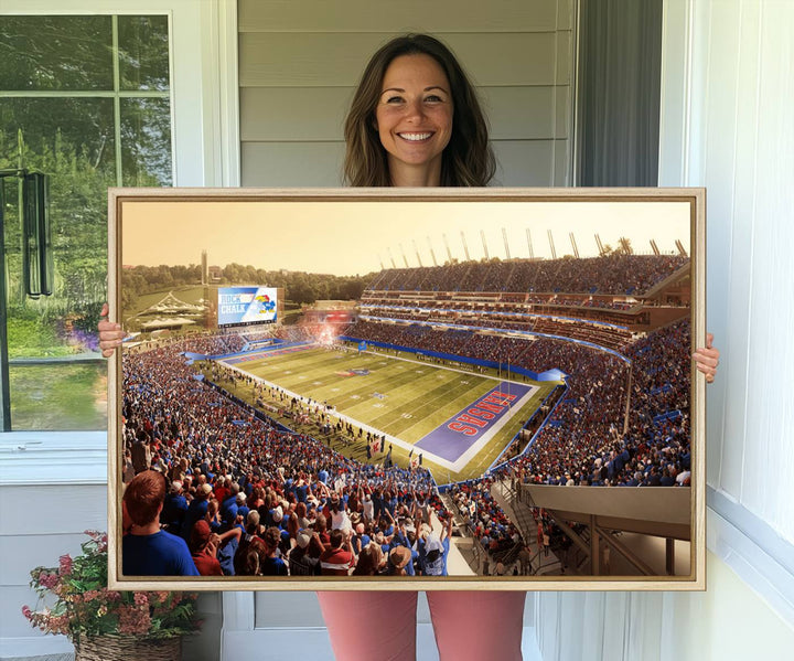 A premium University of Kansas Jayhawks Football Team canvas print captures the essence of a sunset football game, filling the stadium with vibrant energy.